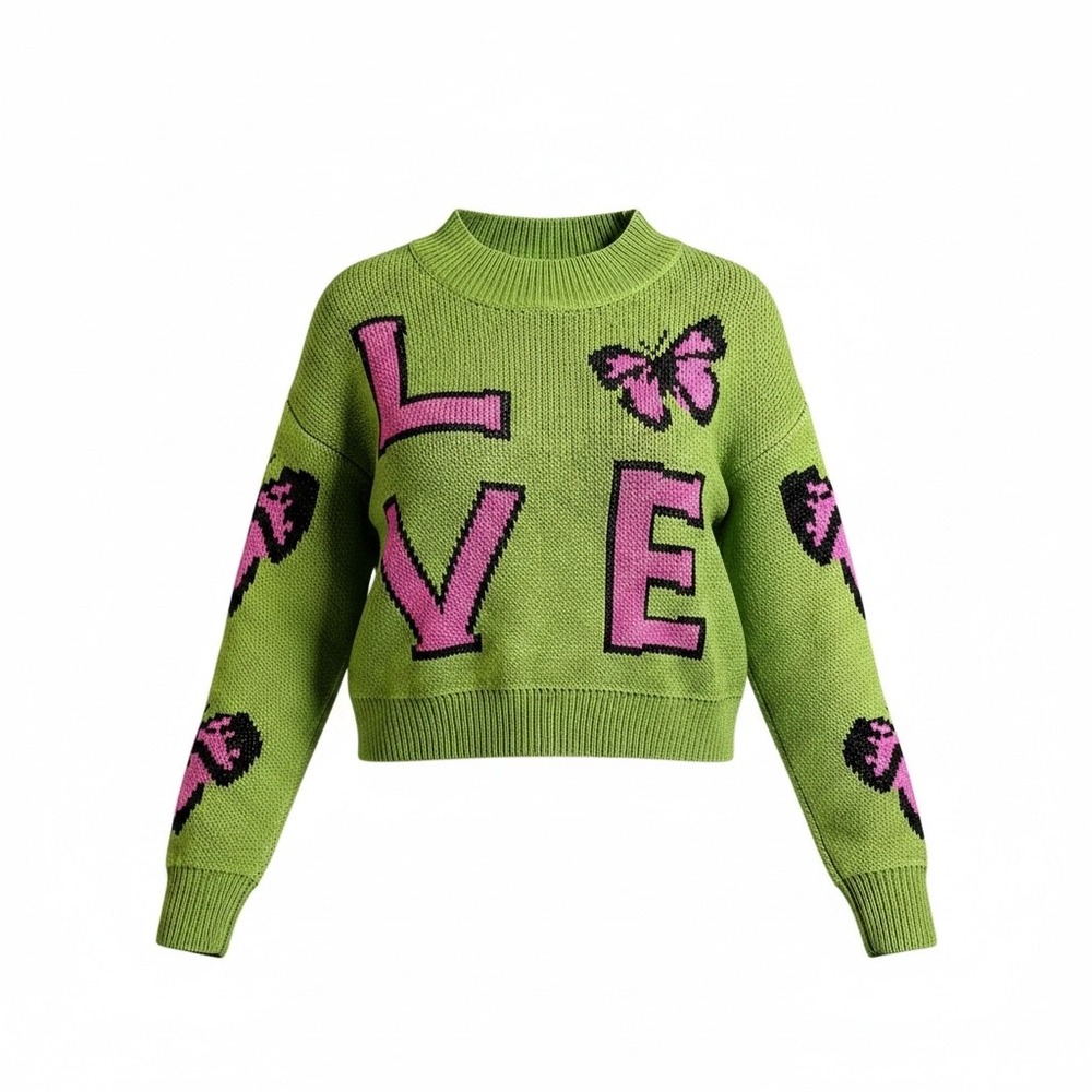 Aqua Blues Green Love Butterfly Graphic‎ Knit Cropped Sweater Womens Medium